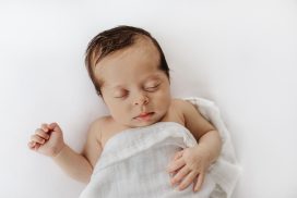 Sleeping baby on white blanket - baby photographer Aberdeen - newborn photography Debbie Dee Photography